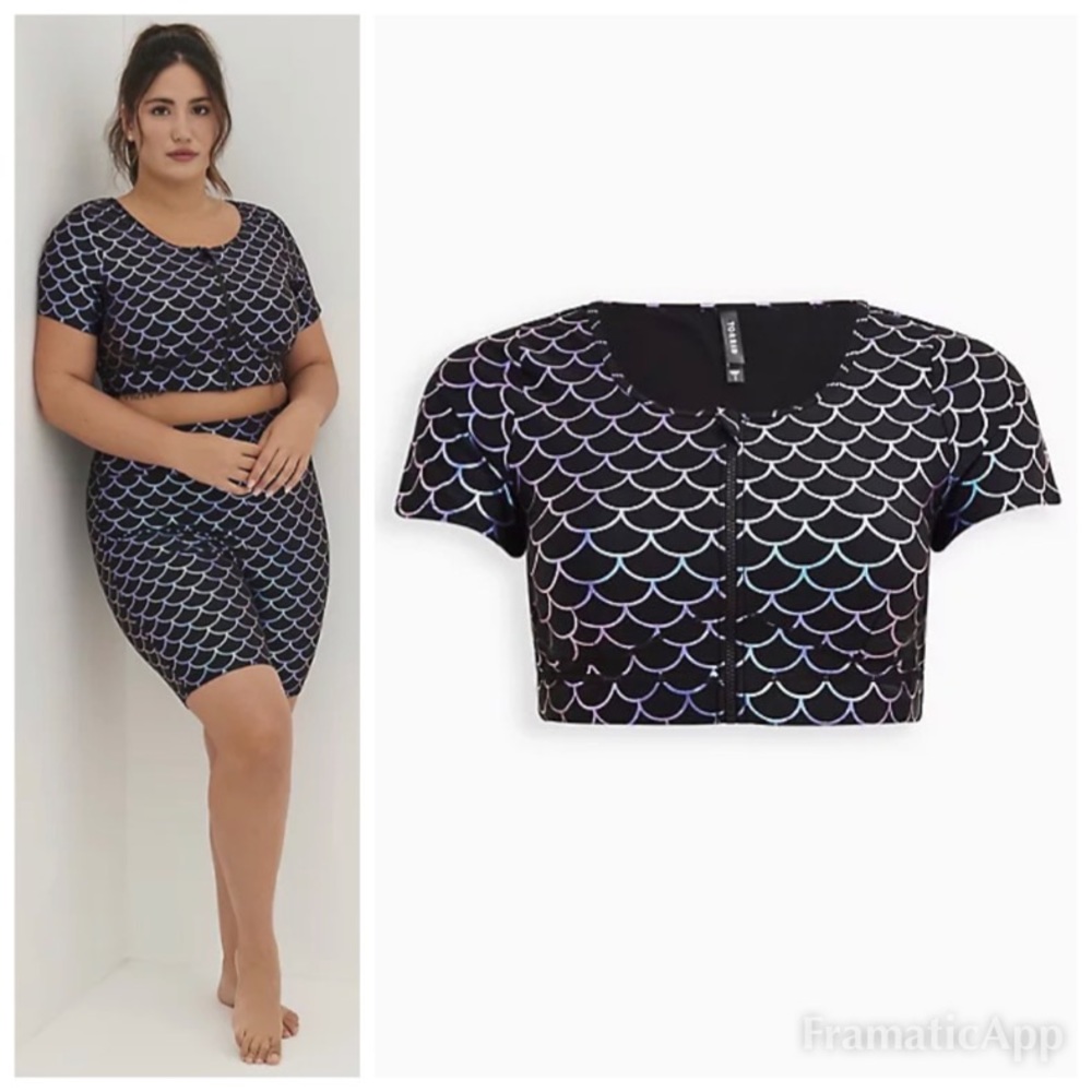 NWT TORRID Zip Front Short Sleeve Active Swim Top - Mermaid